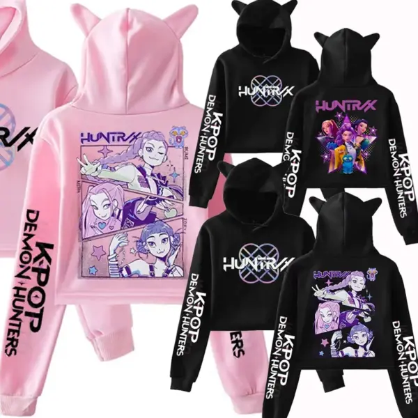 Anime KPop Demon Hunters Cropped Hoodies Women Girls Fashion Streetwear Sweatshirts Long Sleeve Cat Ears Pullovers Short Tops