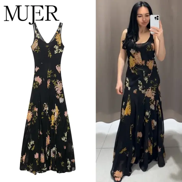 MUJER Black Print Long Dresses for Women Slip Backless Maxi Dress Woman Strap Beach Summer Dress Woman 2025 Sexy Evening Dresses