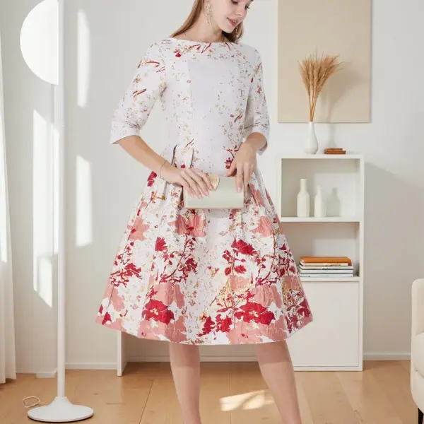 DEVCHATA Women's Floral Party Dress Luxury Mid-Long Jacquard O-neck Ladies Fashion Spring Formal Dress Elegant Vestidos