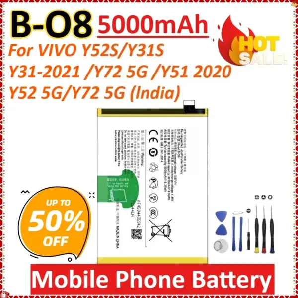 New B-O8 B-08 5000mAh for VIVO Y52S/Y31S/Y31-2021/ Y72 5G /Y51 2020/Y52 5G/Y72 5G High Quanlity Mobile Phone Battery +Tools