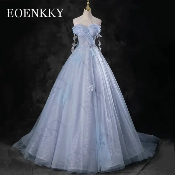 EOENKKY Blue Off Shoulder Princess Prom Dresses Celebrity A Line Pearls 3D Flowers Evening Gown платье на выпускной Customized