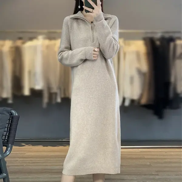 Thick Zipper Mock Neck Chic Elegant Soft Warm Striped Basic Comfort Women's One-piece Dress 100% Merino Wool Exquisite Sweater