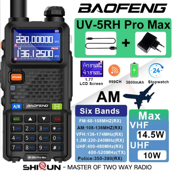 UV-5RH Pro Max Air Band 14.5W 3800mAh AM FM Radio Six Band 65-520MHz UV-5RM Walkie Talkie USB C Frequency Copy Update UV-5RH Pro