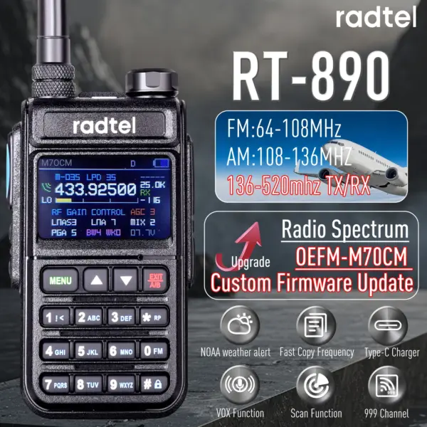 Radtel RT-890 NOAA Weather Channel 6 Band Ham Amateur 2 Way Radio 999CH Walkie Talkie AM Air Aviation Band Color Scanner Marine