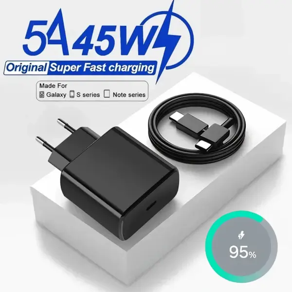 45W 5A Super Fast PD Charger For Samsung S21 S22 FE S23 S24 S25 Ultra A34 A52 A53 A54 A73 Type-C to USB-C Rapid Charging Cable
