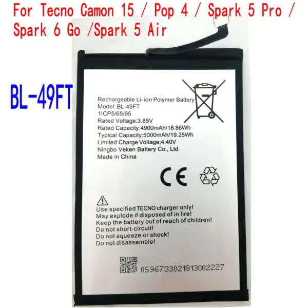 New Original 5000mAh BL-49FT Battery For Tecno Camon 15/CD6(CD6j)/CD7/KD6 SPARK 5 Air/KD6A BC2 POP 4 Mobile Phone
