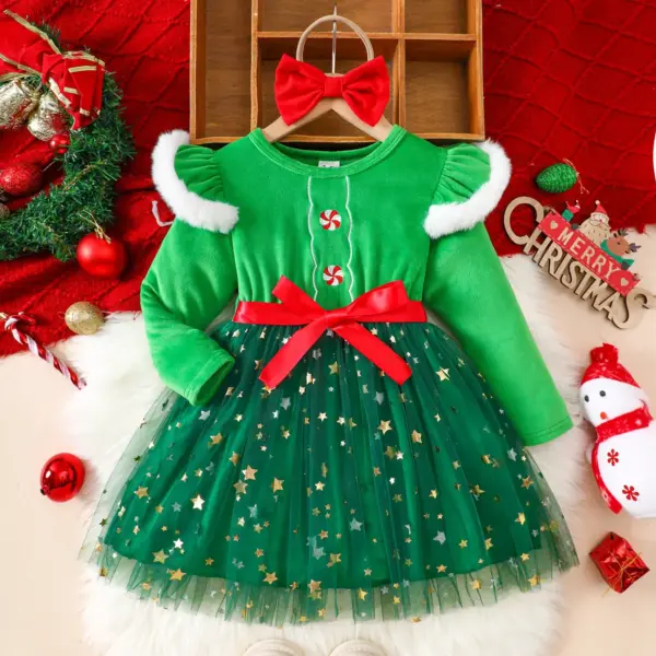 Christmas Dress Set Girl Autumn Long Sleeve Velvet Star Tulle Dress with Bow Headband Festive Clothes