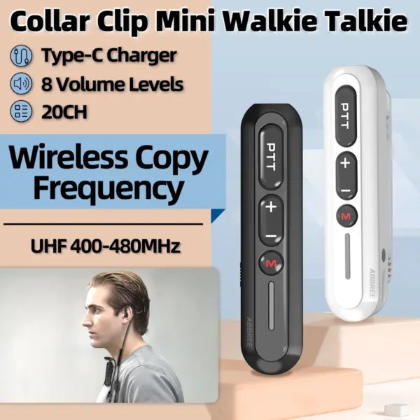 ABBREE AR-W5 Collar Clip Mini Walkie Talkie Wireless Copy Frequency 8 Volume Adjustment 20CH Type-C Chager UHF Handsfree Radio
