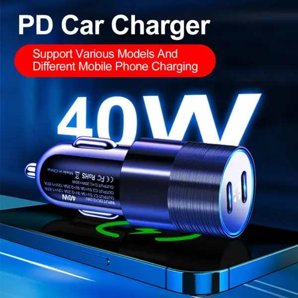 PD Car Charger Adapter 40W Fast Charging Type C USB PD Quick Charger in Car Mobile Phone for iPhone16 Pro Max Xiaomi 15 Huawei