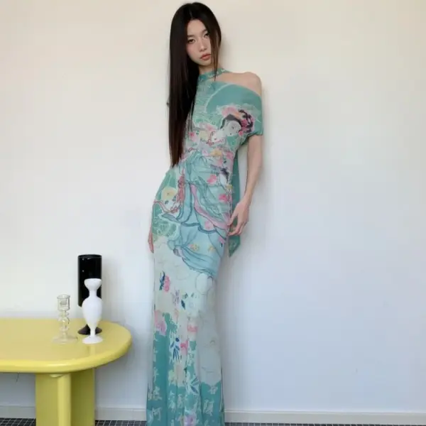 CHEERART Myth Fairy Print Vintage Off The Shoulder Maxi Dress Women Mesh Tunics Bodycon Long Dress 2025 Summer Fashion