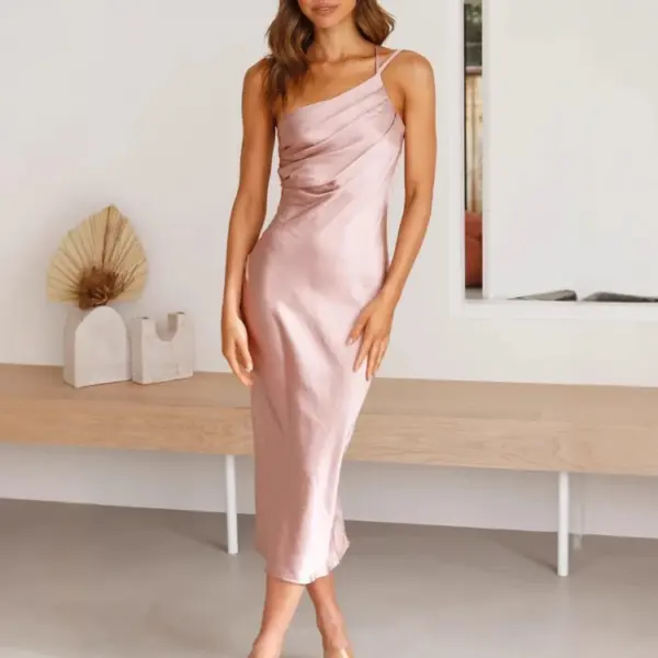 2025 Summer Fashion New Women's Elegant Dress Satin Casual Sexy Slant Shoulder Bareback Slimming Medium To Long Dress