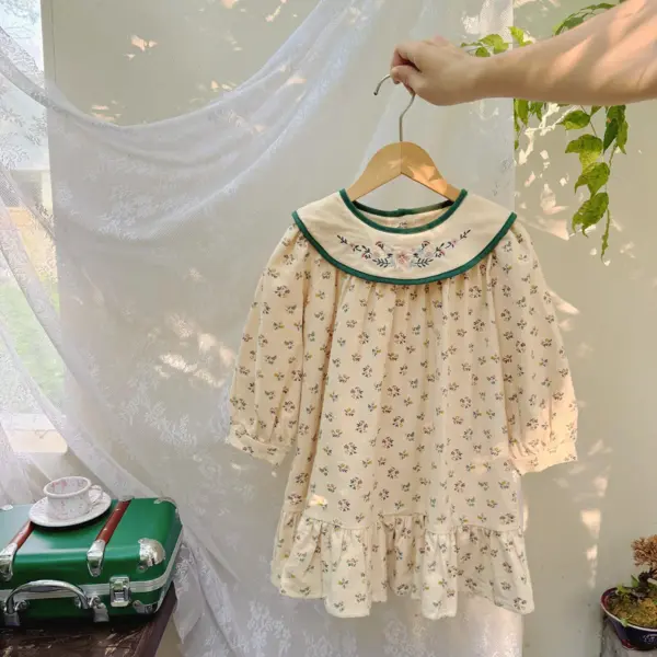Autumn Infant Baby Girl Dress Round Neck Long Sleeve Floral Print Toddler Kid Girl Dress Pure Cotton Little Girls Princess Dress