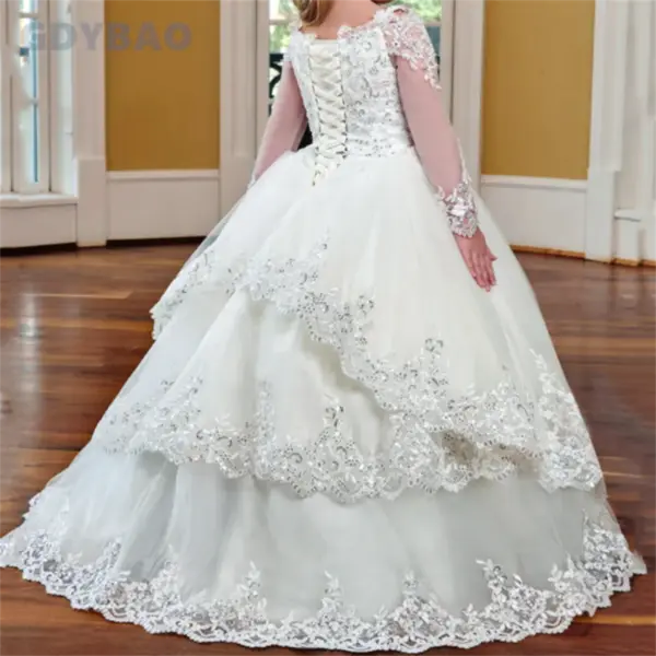 Stunning Flower Girls' Dresses Ball Gown Long Sleeves Girl's Party Gowns 3D Applique with Beads Sequins