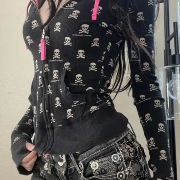 Vintage Punk Skull Printi Harajuku Hoodies Women Casual Vintage Black Hooded Jacket Y2k Aesthetic Crop Zipper Sweatshirt Kpop