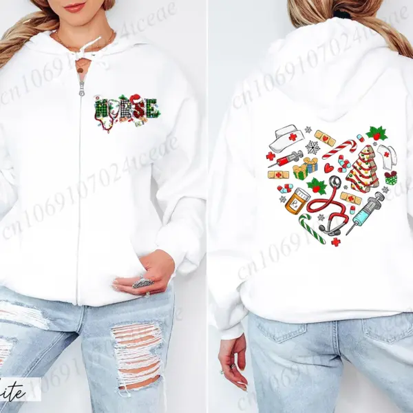 Nurse Christmas Hooded Jackets Fashion Women Personalized Warm Hoodies Casual Zipper Streetwear Christmas Nursing Sweatshirts