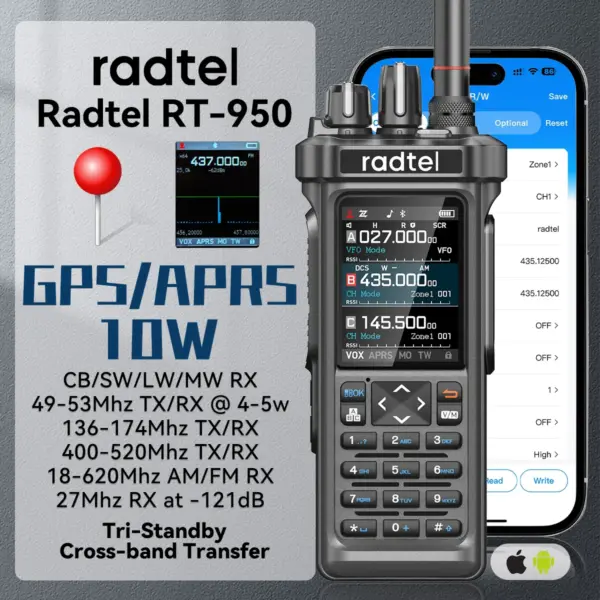 Radtel RT-950 GPS APRS Bluetooth App Phone Programming Walkie Talkie SW MW LW AM CB 27Mhz Receive Ham Radio HF NOAA 10W Power
