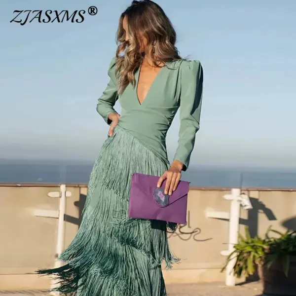 Autumn Long Sleeve Spliced Tassel Party Dresses Woman Elegant Deep V Neck Sheath Long Dress Fashion Solid Pleated Bohemian Dress