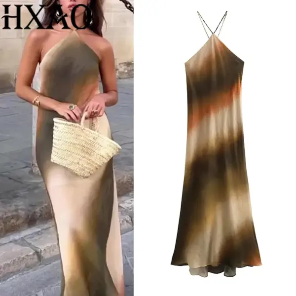 HXAO Women's Long Dresses 2024 Summer Elegant Party Evening Midi Halter Dress Ladies Fashion Sleeveless Backless Long Dresses
