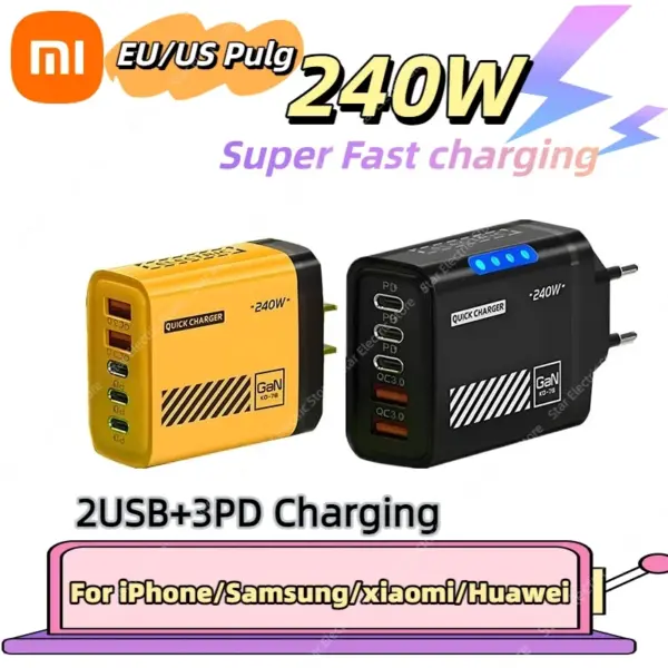 XIAOMI 240W EU US Plug Charger LED Light Desktop Power QC3.0 5 Ports Type-C USB Fast Charger Adapter For Iphone Samsung Huawei