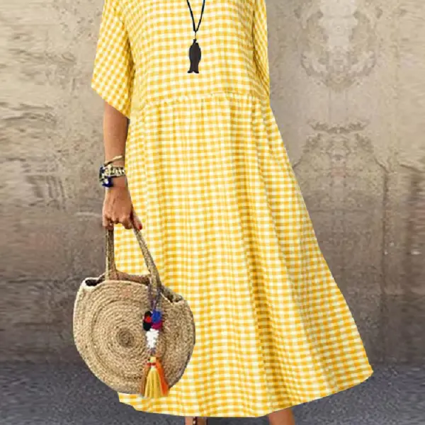 ZANZEA Women 2024 Summer Bohemian Maxi Dress Elegant Plaid Check Printed Robe Fashion Casual Holiday A Line Long Dress Oversize
