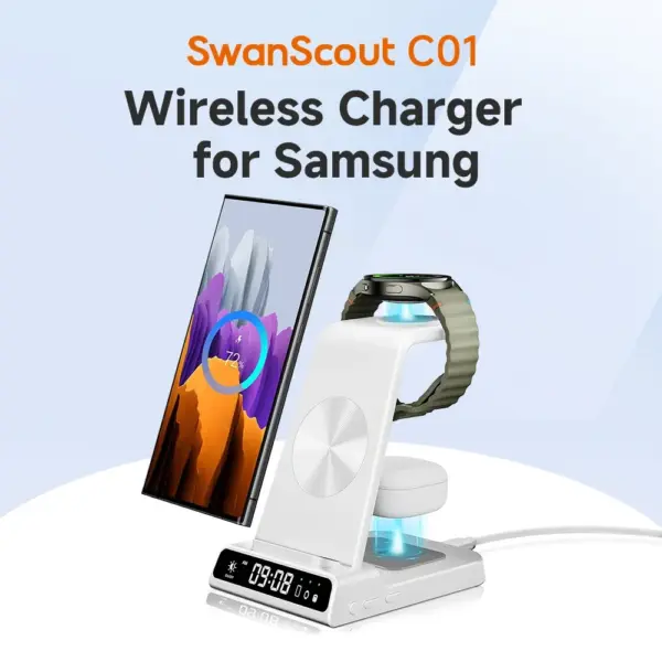 SwanScout C01 Wireless Charger for Samsung S25+ S24 Ultra S23 Z Flip 7 Z Fold 7 Charging Station for Galaxy Watch 8 7 for Buds 3