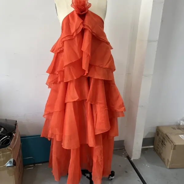 Elelgant 3d Floral Maxi Dress Loose Pleated Hem Halter Robes Sleeveless Ruffles Edge Party Vestidos Lady Summer Gown Clothes