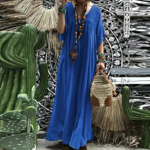 Loose Casual Cotton Linen Dress Women Fashion V-neck Half Sleeved Lace Spliced Big Hem Long Dresses Spring New Commuter Dresses