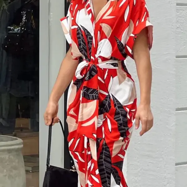 Women's Summer Casual Short Sleeved Printed Flip Collar Dress, Casual Elegant Button Up Women's Belt Dress