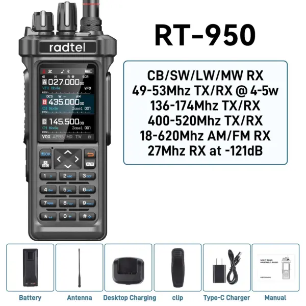 Radtel RT-950 GPS APRS Walkie Talkie AM/FM/CB/SW/ML/LW Receiver with 10W Bluetooth Phone APP Programming 27Mhz RX NOAA Copy Freq