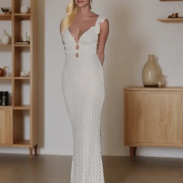 Weird Puss Double Deck Dress Woman Hollow Ruffles Summer Backless Straps Solid Lace Tierred Chic Elegant Party Skinny Vestidos