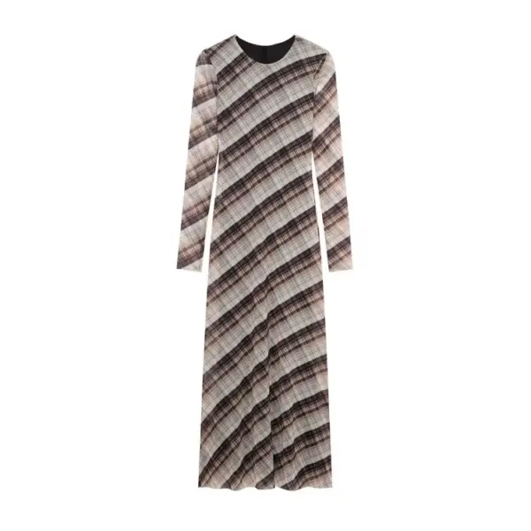 Plaid Tulle Midi Dress for Women O-Neck Long Sleeve Fashion Female Dresses Vestidos Mujer
