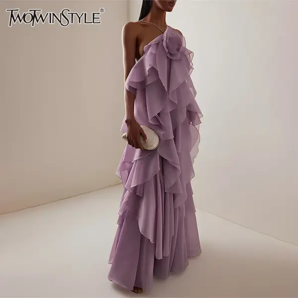 TWOTWINSTYLE Solid Spliced Ruffles Elegant Dresses For Women Halter Sleeveless High Wasit Backless Loose Dress Female Fashion