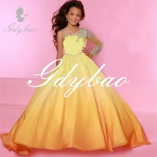 Sequined Applique One Shoulder Spaghetti Strap Long Sleeve Flower Girl Dress Pleat Floor Length First Communion Dress Customized