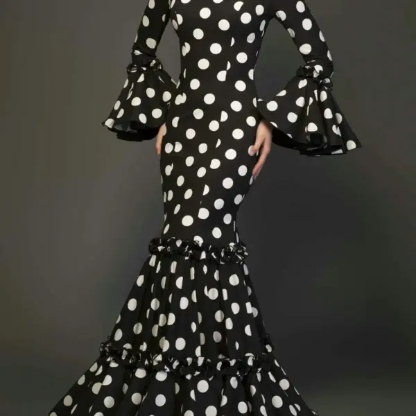 Polk Dot Print Long Dress for Women Flare Sleeve Ruffle Elegant Trumpet Dress Slim Round Neck Vintage Autumn Female Dresses 2024