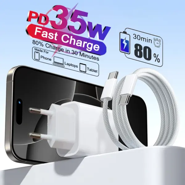 For Apple PD 35W USB C Charger Type C Super Fast Charging Adapter For iPhone 15 11 12 13 14 17 16 Pro Max 7 8 Plus X XR XS Cable