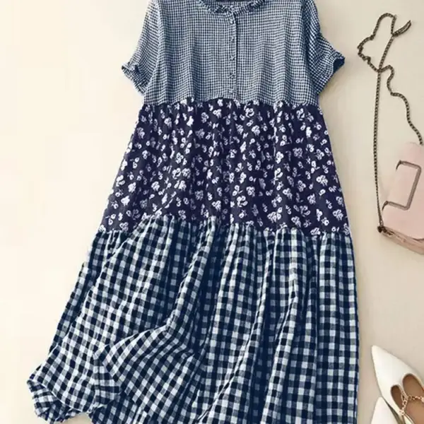 ZANZEA Women Fashion Plaid Long Dress 2024 Summer Holiday Sundress Pleating Stitching Shirt Dress Casual Loose Short Sleeve Robe