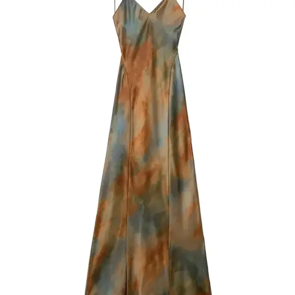 ZADATA 2024 Summer New Women's Open Back Sleeveless Dress Fashion Satin Mid Length Dress Printed Sexy V Neck Sling Dress