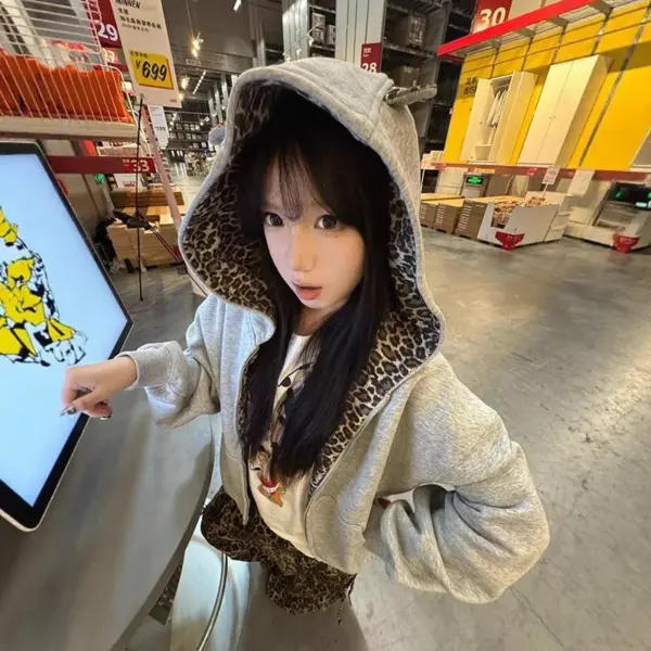 Street Style Short Hoodie Women's Spring Autumn 2025 New Lazy Style Cardigan Coat Leopard Print Demon Devil Cotton Blend