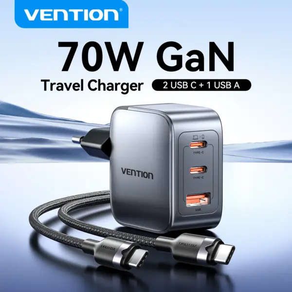 Vention 70W GaN Charger Quick Charge 3.0 USB C Charger for iPhone 16 15 14 Pro Laptop Macbook Air Tablet PD Type C Fast Charger