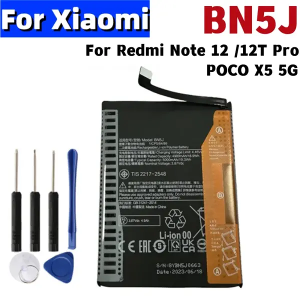 New 5000mAh/4900mAh BN5J Battery For POCO X5 5G , Xiaomi Redmi Note 12 5G Mobile Phone Batteries +Tools