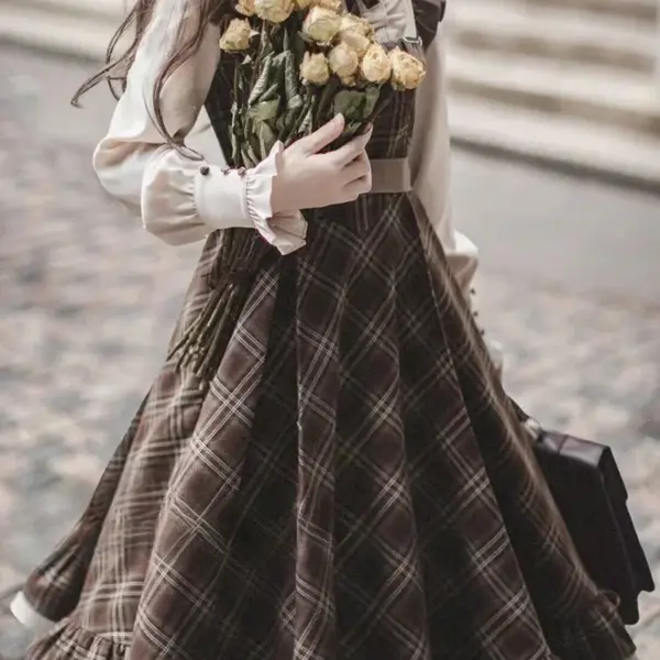 Fake Two-Piece Dress for Women Long Skirt Slim Fit Waist Cinching Vintage Lolita Plaid Bow New Korean Style Fashion Winter 2024