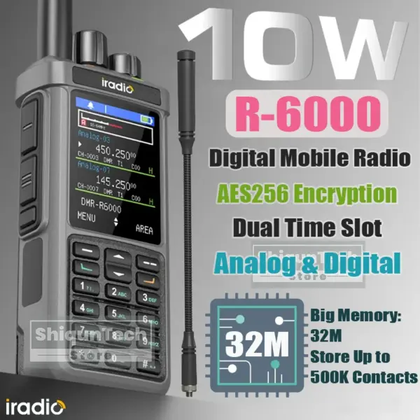 Iradio R6000 10W Out Put Power DMR Digital Radio 32M Walkie Talkie UHF VHF AES256 Encryption Dual Time Slot Two Way Radios RT-6D