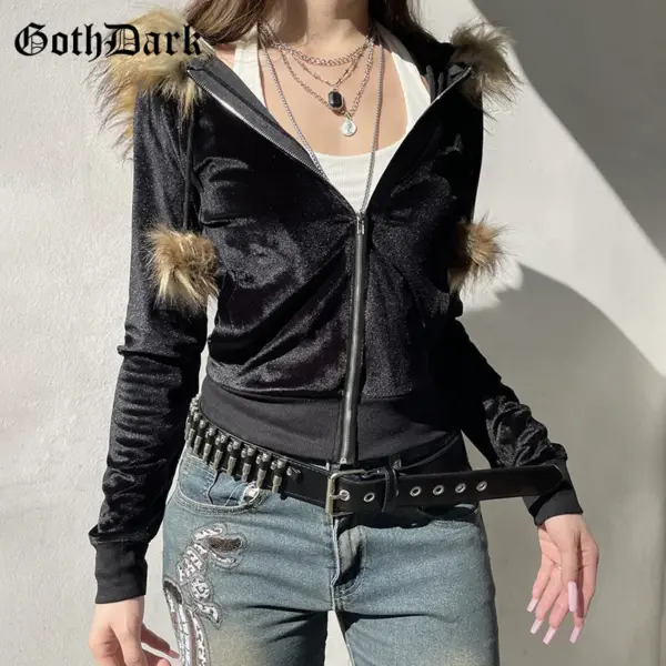 Goth Dark 90s Aesthetic Soft Velvet Zip Sweatshirt Hoodie Cyber Y2K Faux Collar Pocket Hooded Coats Women Slim Streetwear Gothic