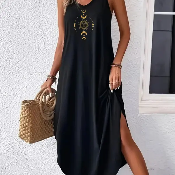 The Sun, the Moon and the stars Curvy Hem Cami Dress, Sexy Sleeveless Spaghetti Strap Loose Maxi Dress, Women's Clothing
