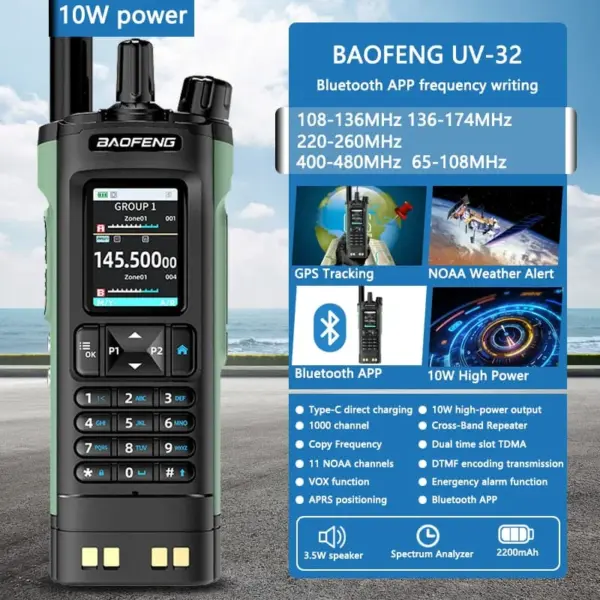 New BAOFENG UV-32 Walkie Talkie GPS 10W Bluetooth APP Programming Multi Band Wireless Copy Frequency Type-C UV32 Ham 2 Way Radio