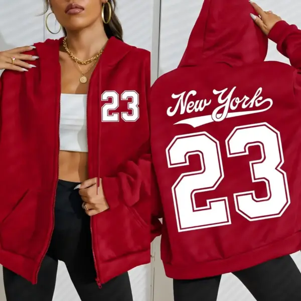 New York Number 23 Art Letter Printing Women Zipper Hoodie Fashion Hoodies Fleece Sportswears Autumn Casual Female Hoody