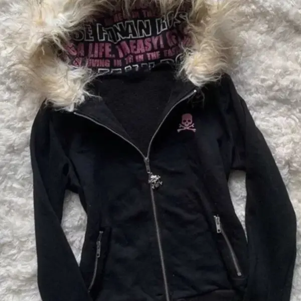 Y2K Black Fur Collar Zipper Sweatshirt Hoodie Sexy Women Sweatshirt Harajuku Goth Letter Graphic Print Slim Coat Winter Clothes