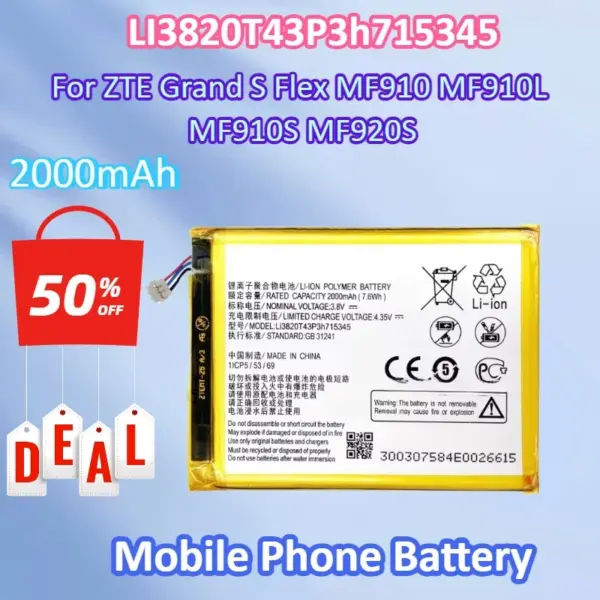 New LI3820T43P3h715345 3.8V 2000mAh Mobile Phone Battery for ZTE Grand S Flex MF910 MF910S MF910L MF920S MR150-2 MR150-5 MTC835F