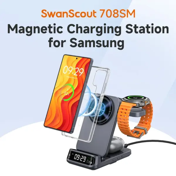 SwanScout 708SM Magnetic Wireless Charging Station for Samsung S25 S24 Ultra S23 for Galaxy Watch Ultra 8 7 6 5 for Buds 3 Pro 2