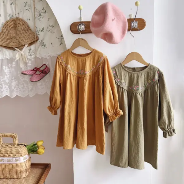 2-8Y Baby Girls Dress Autumn Long Sleeved Floral Round Neck Toddler Kids Girls Dress Retro Infant Baby Girls Knee Length Dress